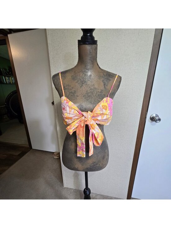 H&M Tops - H&M Medium Tie-Front Floral Crop Top Yellow Orange Pink Camisole Linen Blend